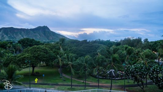 View from our lanai (balcony/porch) at our hotel, looking at Diamond Head in the morning. hawaii-waikiki-1