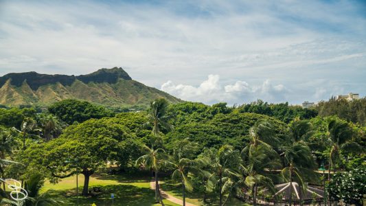 View from our lanai (balcony/porch) at our hotel, looking at Diamond Head in the afternoon. hawaii-waikiki-3