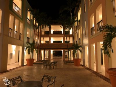 View of the courtyard at one of the resort buildings. Courtyard view.
