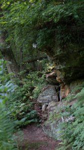 Path running by the side of a rock formation. Rocky Arbor State Park